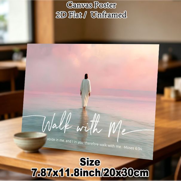 Religious "Walk With Me" Scripture Painting Poster, Serene Pastel Seascape With Robed Figure Poster, Inspirational Biblical Quote Decor Ideal For_maomaolike.com