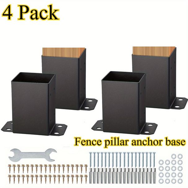 4x4 Post Base 4 Pcs, Inner Size 3.6"x3.6" Post Base Brackets, Heavy Duty Powder-Coated Post Anchor Matte Black Wood Post Brackets For Pavilion Deck Railing Support Deck Base Plate_maomaolike.com