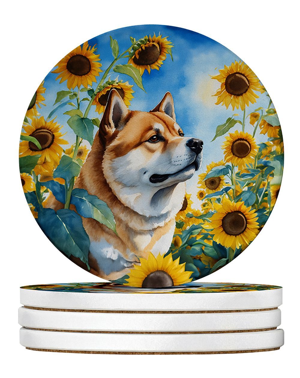 Akita In Sunflowers Large Sandstone Coasters Pack Of 4 Absorbent Round Coasters Decor Gifts For Men Or Women, 4 In, Multicolor_maomaolike.com
