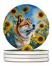 Akita In Sunflowers Large Sandstone Coasters Pack Of 4 Absorbent Round Coasters Decor Gifts For Men Or Women, 4 In, Multicolor_maomaolike.com