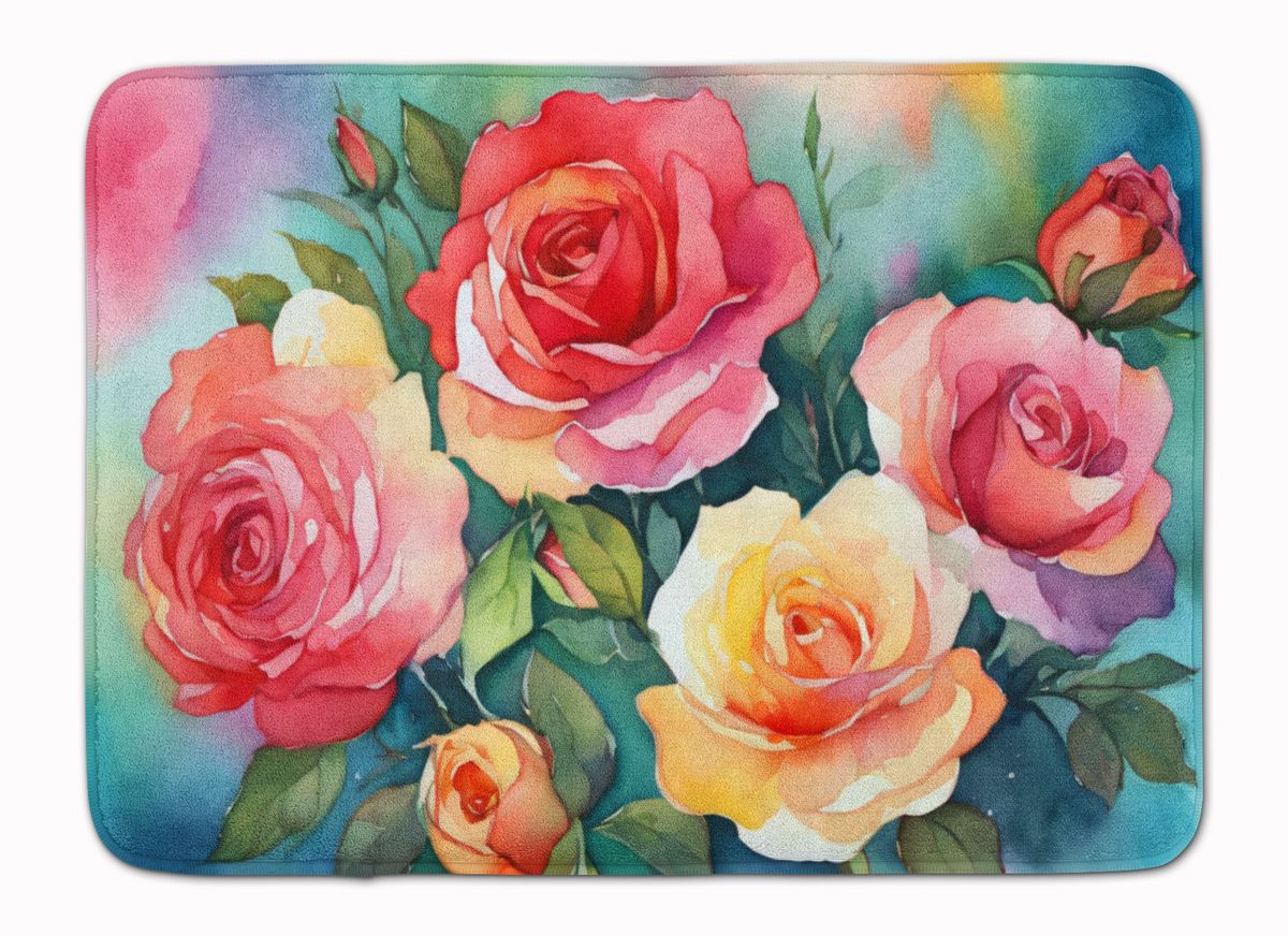 Oklahoma Roses In Watercolor Memory Foam Kitchen Mat Machine Washable Anti-Fatigue Mat Cushion Comfort Bath Mat Or Kitchen Rug_maomaolike.com