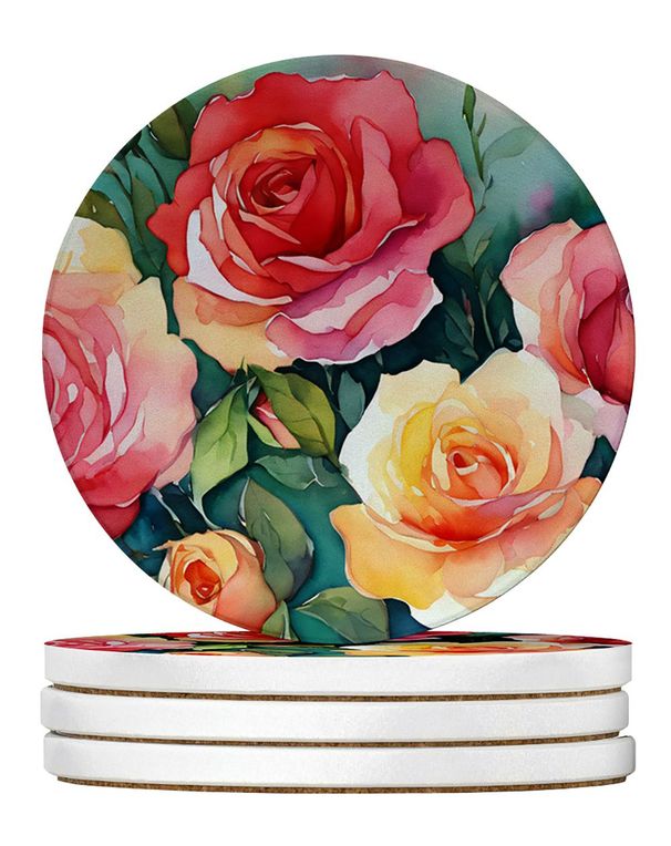 Oklahoma Roses In Watercolor Large Sandstone Coasters Pack Of 4 Absorbent Round Coasters Decor Gifts For Men Or Women, 4 In, Multicolor_maomaolike.com