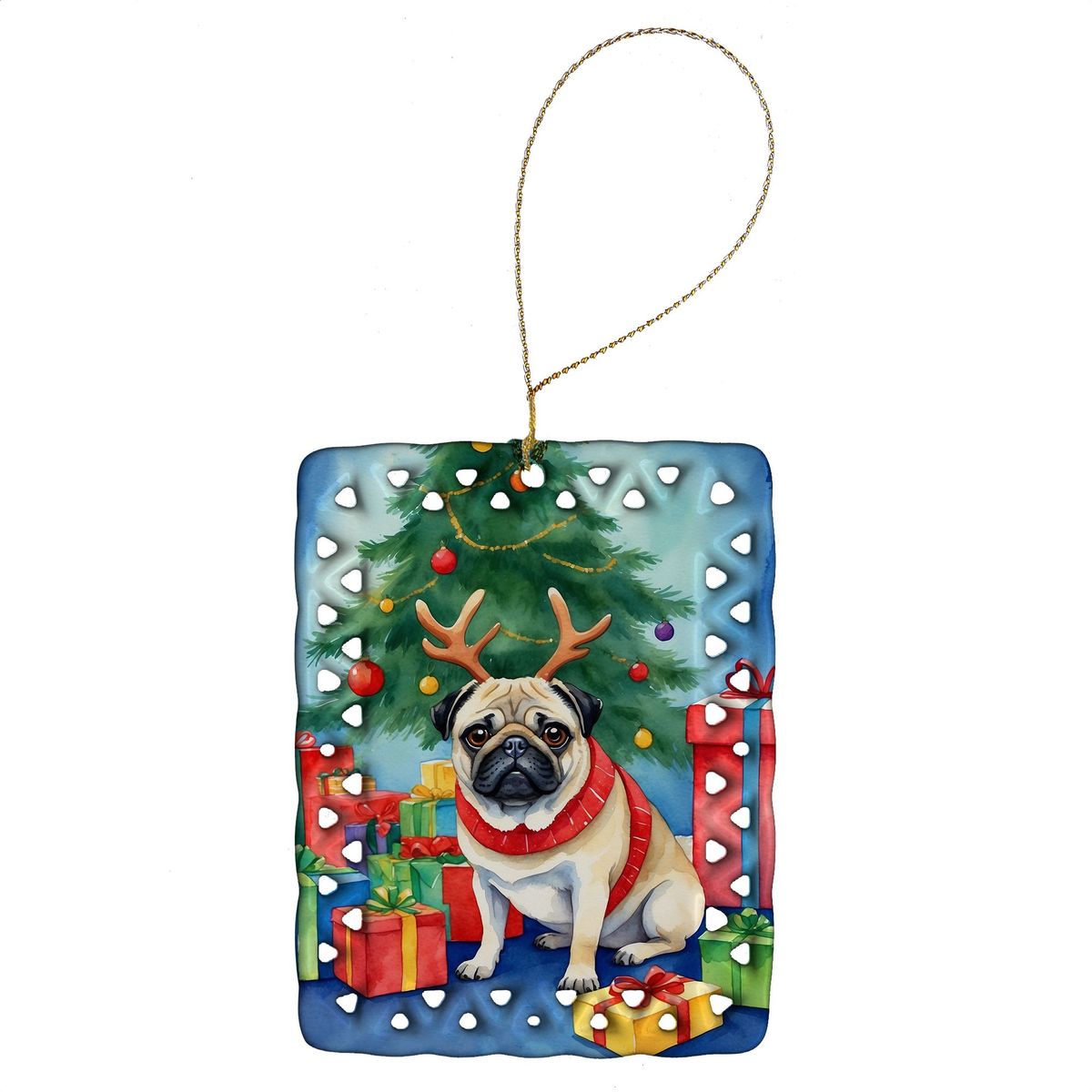 Pug Christmas Reindeer Porcelain Ornament Christmas Tree Hanging Decorations For Home Christmas Holiday, Rectangle, Gift, Multicolor_maomaolike.com