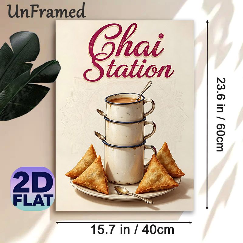 Chai Station Themed Painting Poster, Vintage Warm-toned Stacked Chai Cups & Samosas Poster, Cozy Culinary Decor Idea For Cafes, Dining Areas_maomaolike.com