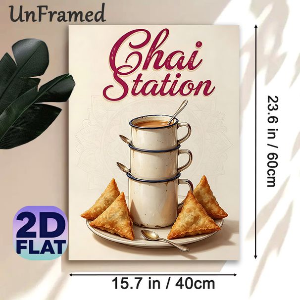 Chai Station Themed Painting Poster, Vintage Warm-toned Stacked Chai Cups & Samosas Poster, Cozy Culinary Decor Idea For Cafes, Dining Areas_maomaolike.com