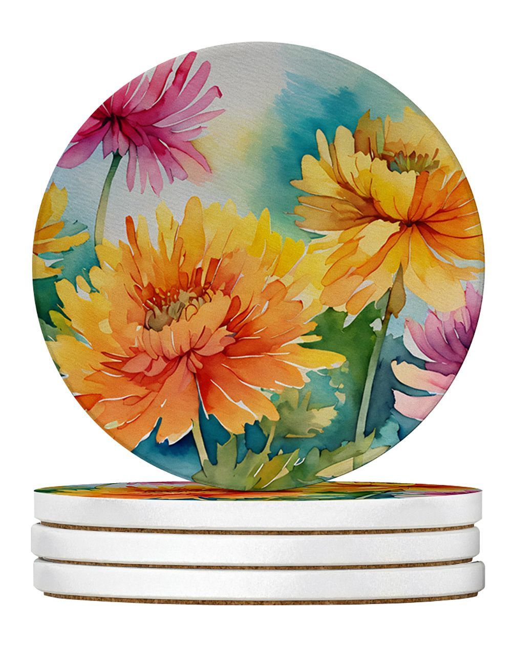 Chrysanthemums In Watercolor Large Sandstone Coasters Pack Of 4 Absorbent Round Coasters Decor Gifts For Men Or Women, 4 In, Multicolor_maomaolike.com