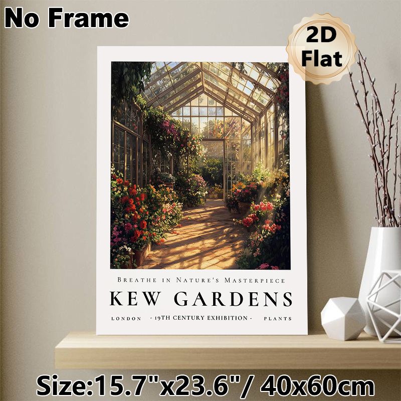 Kew Gardens Greenhouse Painting Poster, Warm-toned Vintage Lush Floral Glasshouse Scene Poster, Delivers Tranquil Natural Ambiance, Ideal For Living_maomaolike.com