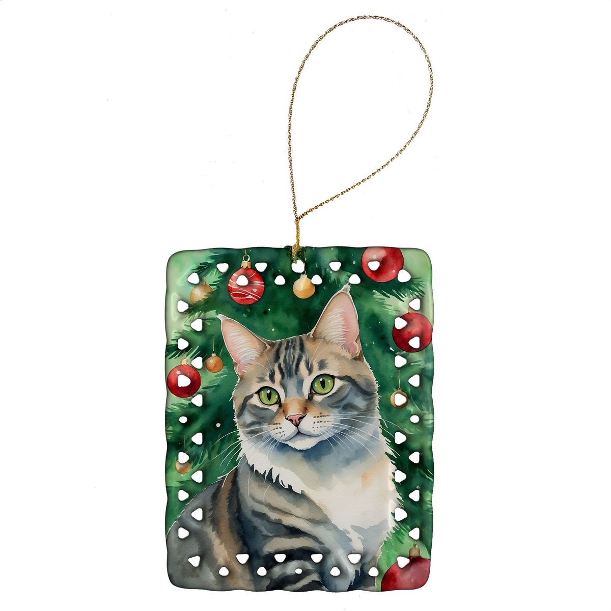 American Bobtail Cat By The Christmas Tree Porcelain Ornament Christmas Tree Hanging Decorations For Home Christmas Holiday, Rectangle, Gift, Multicolor_maomaolike.com