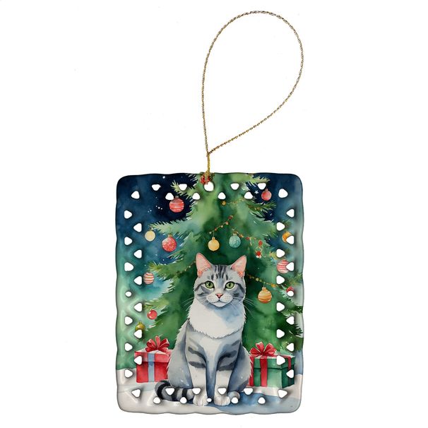 Aegean Cat By The Christmas Tree Porcelain Ornament Christmas Tree Hanging Decorations For Home Christmas Holiday, Rectangle, Gift, Multicolor_maomaolike.com
