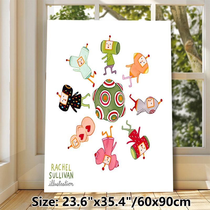Whimsical Robot & Alien Character Painting Poster, Vibrant Watercolor Style Playful Quirky Figure Cluster Poster, Cheerful Decorative Accent For_maomaolike.com