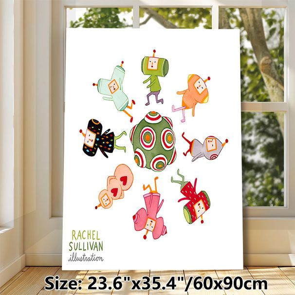Whimsical Robot & Alien Character Painting Poster, Vibrant Watercolor Style Playful Quirky Figure Cluster Poster, Cheerful Decorative Accent For_maomaolike.com
