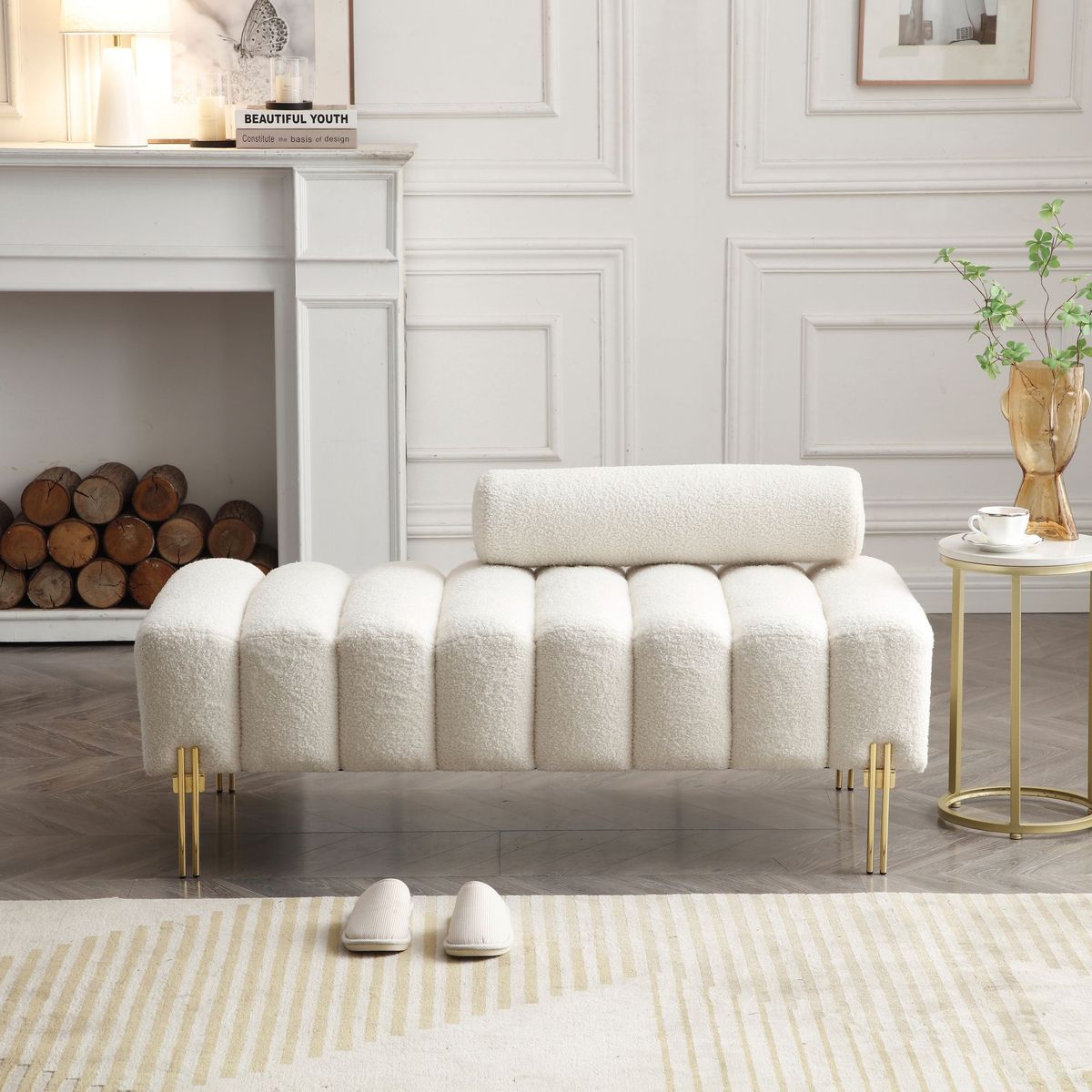 53.2"Width Modern End Of Bed Bench Sherpa Fabric Upholstered 2 Seater Sofa Couch Entryway Ottoman Bench Fuzzy Sofa Stool Footrest Window Bench With Gold Metal Legs For Bedroom Living Room,BEIGE_maomaolike.com