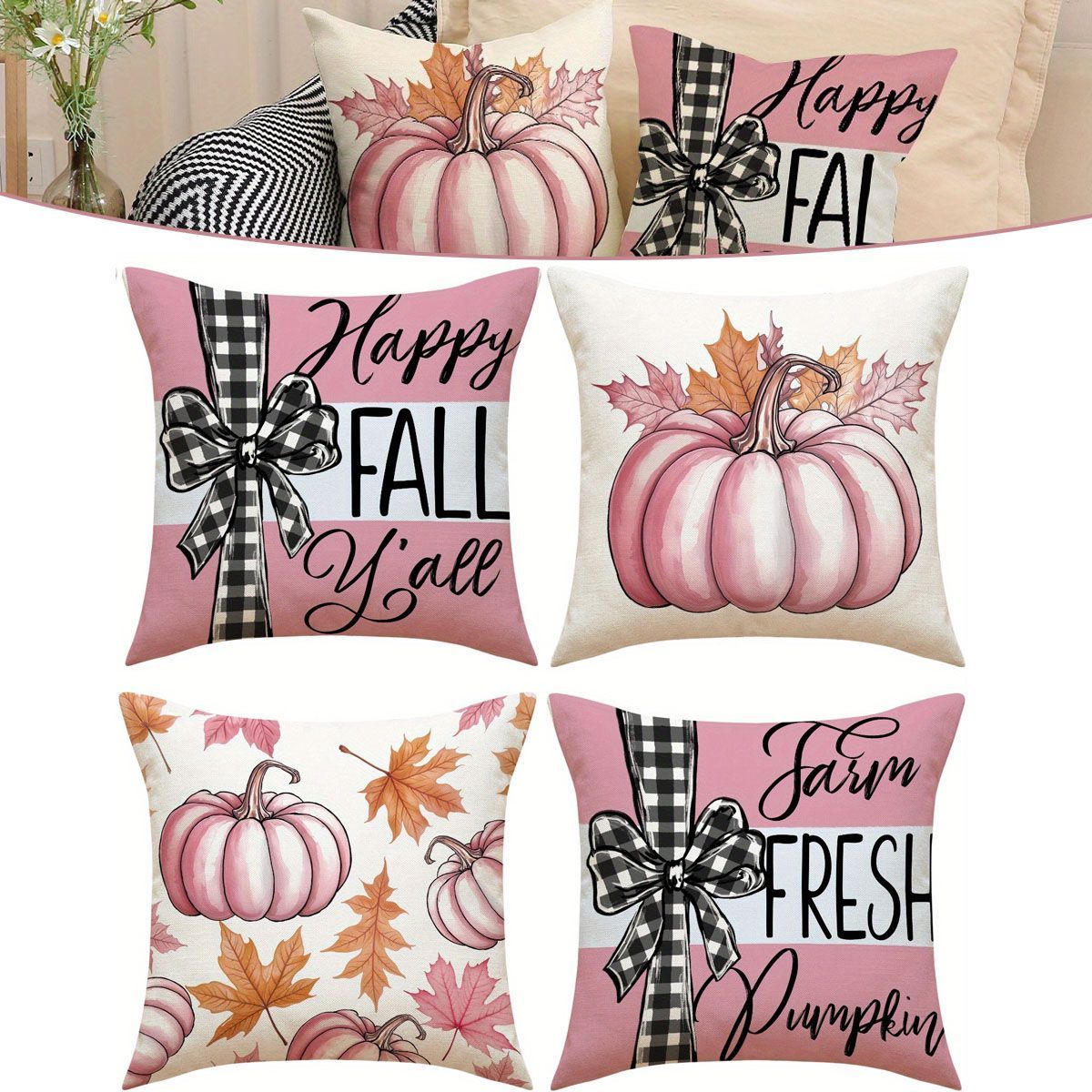 4Pcs Pillow Covers 18x18In Pink Pumpkin Maple Leaf Throw Cushion Cover Happy Fall Pillow Cushion Case For Thanksgiving Sofa Couch Bedroom Home Office Farmhouse Decorations_maomaolike.com
