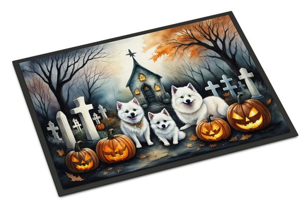 American Eskimo Spooky Halloween Doormat Front Door Mat Indoor Outdoor Rugs For Entryway, Non Slip Washable Low Pile, 24H X 36W_maomaolike.com