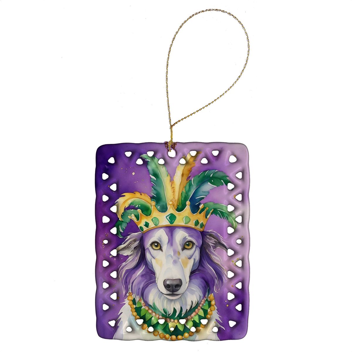 Borzoi King Of Mardi Gras Porcelain Ornament Christmas Tree Hanging Decorations For Home Christmas Holiday, Rectangle, Gift, Multicolor_maomaolike.com