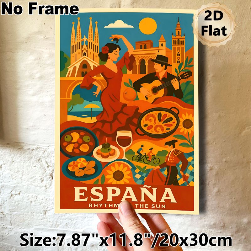 Spain Themed Painting Poster, Vintage Vibrant Spanish Cultural Scene Poster, Showcases Flamenco Dance, Local Cuisine & Iconic Landmarks, Ideal For_maomaolike.com