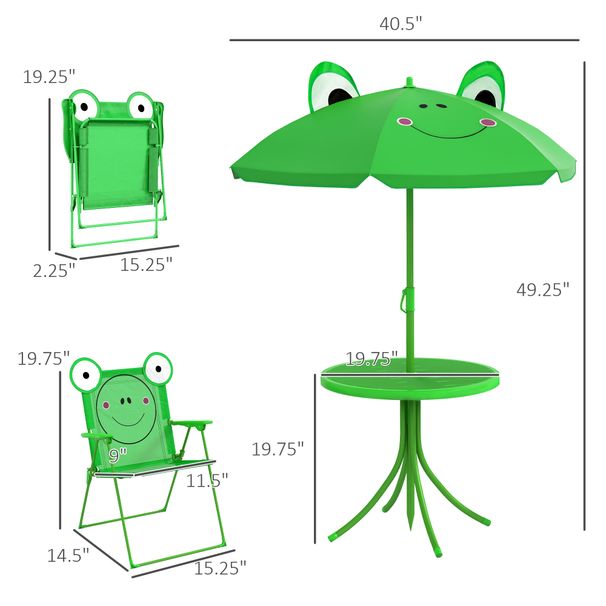 Folding Kids Table And Chair Set, Picnic Table With Frog Pattern Removable & Height Adjustable Sun Umbrella For Garden, Backyard, Green_maomaolike.com