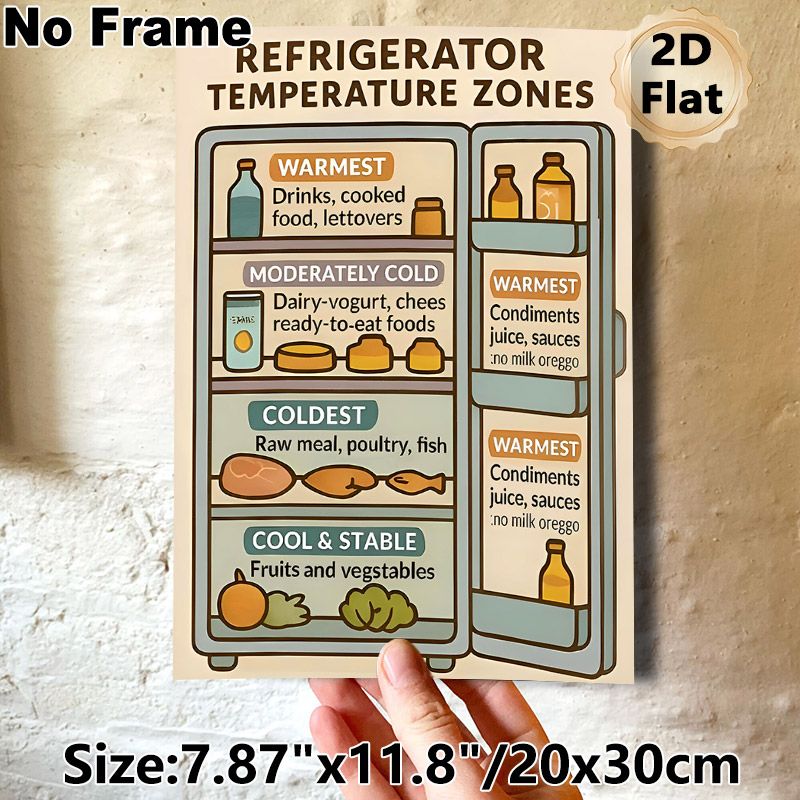 Refrigerator Temperature Zones Painting Poster, Informative Cartoon-style Fridge Storage Guide Poster, Practical Food Arrangement Reference For_maomaolike.com