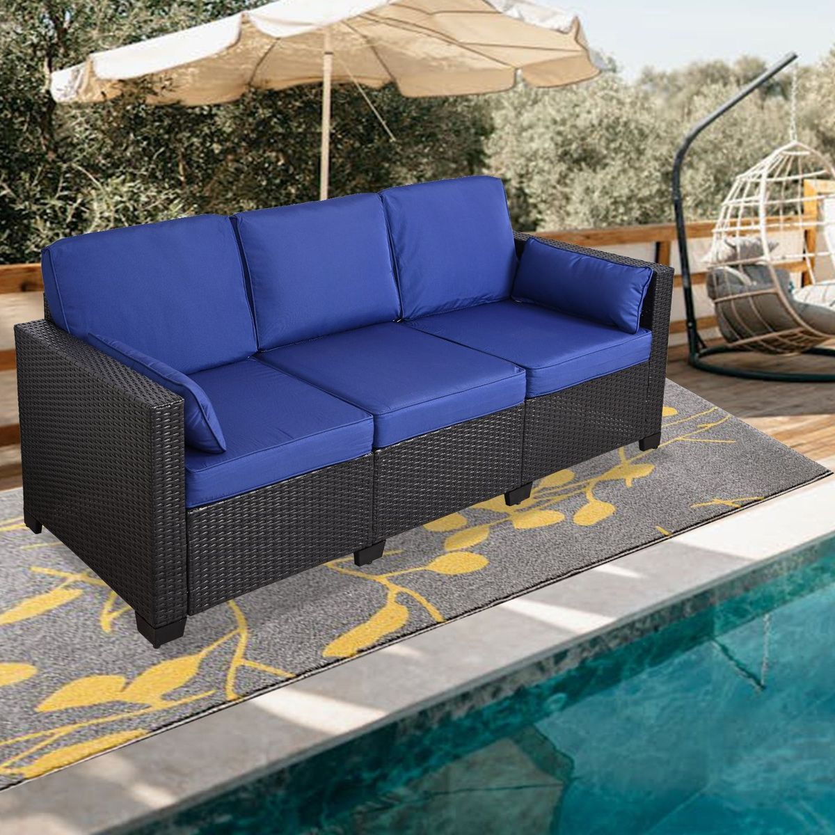 3-Seat Patio Wicker Sofa, Outdoor Rattan Sectional Couch Furniture Steel Frame W/Furniture Cover Non-Slip Cushion_maomaolike.com