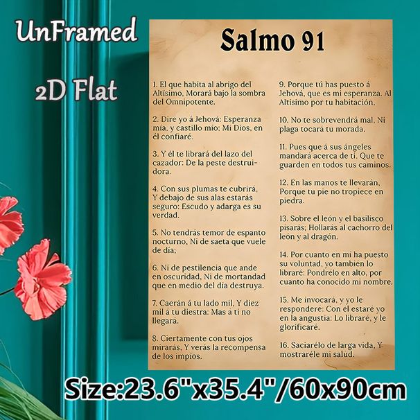 Spanish Psalm 91 Religious Verse Painting Poster, Vintage Aged-paper Style Spanish Scripture Text Poster, Inspirational Religious Decor Ideal For_maomaolike.com