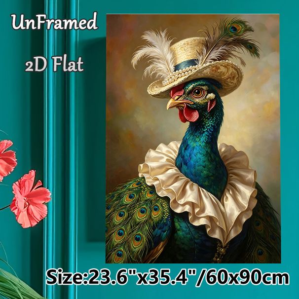 Anthropomorphic Peacock Painting Poster, Rich-hued Realistic Oil-style Poster, Elegant Peacock With Pearl-trimmed Hat & Ruffled Collar, Sophisticated_maomaolike.com