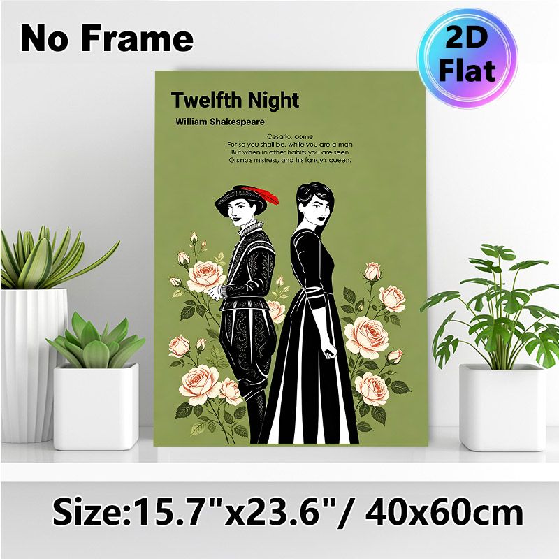 Twelfth Night Shakespeare Painting Poster, Elegant Vintage-style Poster, Features Iconic Dual Characters With Soft Roses, Literary-themed Decor Ideal_maomaolike.com