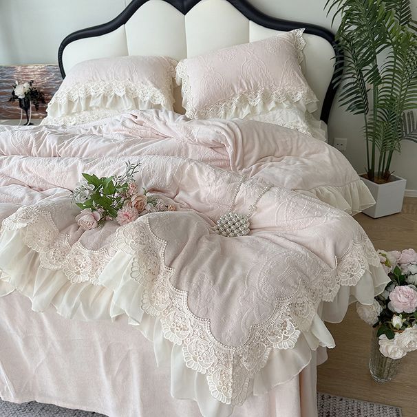 Wholesale French Style Milk Velvet Four-Piece Autumn Winter Double Layer Lace Thickened Flannel Warm Coral Fleece 4-Piece Set_maomaolike.com