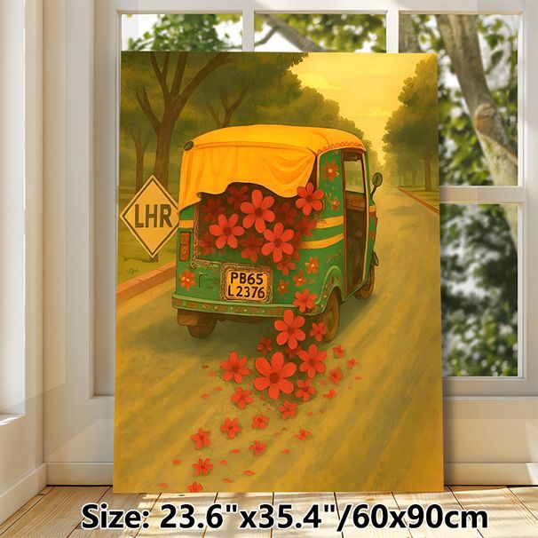 Floral Auto Rickshaw Painting Poster, Warm-hued Whimsical Art Poster, Charming Nostalgic Design Ideal For Living Room, Hallway Wall Decor_maomaolike.com