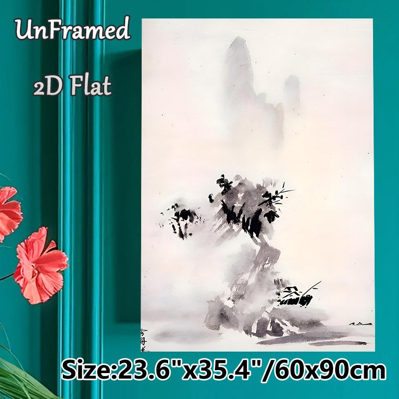 Chinese Landscape Ink Wash Painting Poster, Ethereal Monochrome Misty Mountain & Waterside Dwelling Poster, Serene Artistic Decor Suitable For Living_maomaolike.com