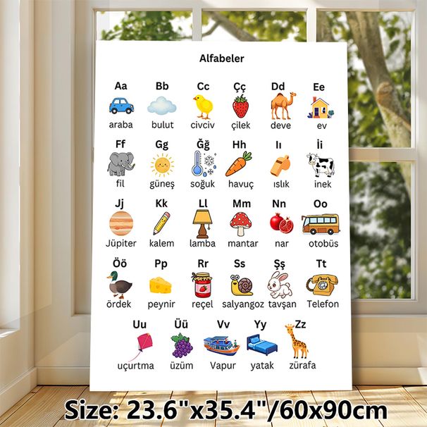 Turkish Alphabet Educational Painting Poster, Vibrant Cartoon Illustrated Poster, Assists With Turkish Letter And Vocabulary Learning, Suitable For_maomaolike.com