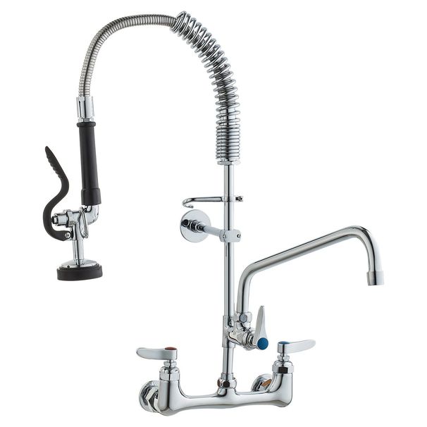 VEVOR Commercial Faucet With Pre-Rinse Sprayer, 25" Height, 8" Center, 12" Swing Spout, Wall Mount Kitchen Sink Faucet, Brass Constructed Device With Pull Down Spray, For 1/2/3 Compartment Sink_maomaolike.com