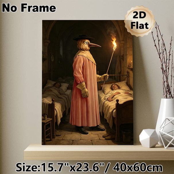 Plague Doctor Painting Poster, Vintage Historical Dark-toned Poster, Authentic Medieval Ward Scene With Plague Doctor Holding Torch, Ideal For_maomaolike.com