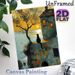 Coastal Cottage & Black Cat Painting Poster, Warm-toned Impressionist-style Poster, Tranquil Seaside Scene With A Black Cat Perched On Cottage Wall_maomaolike.com