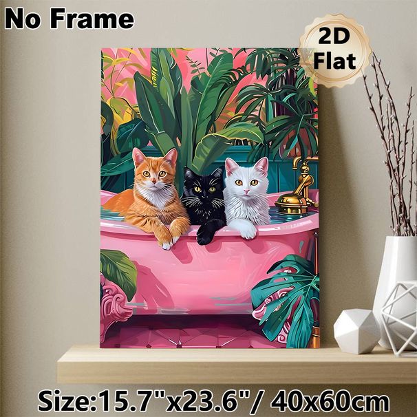 Bath Cats Painting Poster, Vibrant Whimsical Tropical Style Poster, Playful Design With Three Cute Cats In Pink Bathtub Surrounded By Lush Green_maomaolike.com