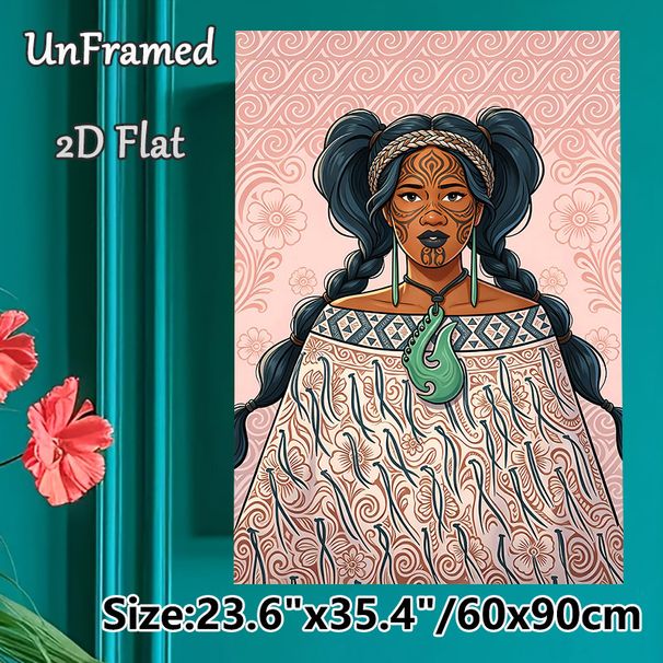 Indigenous Maori Woman Painting Poster, Vibrant Ethnic Tribal Style Poster, Detailed Facial Tattoos & Traditional Attire Design, Cultural Decorative_maomaolike.com