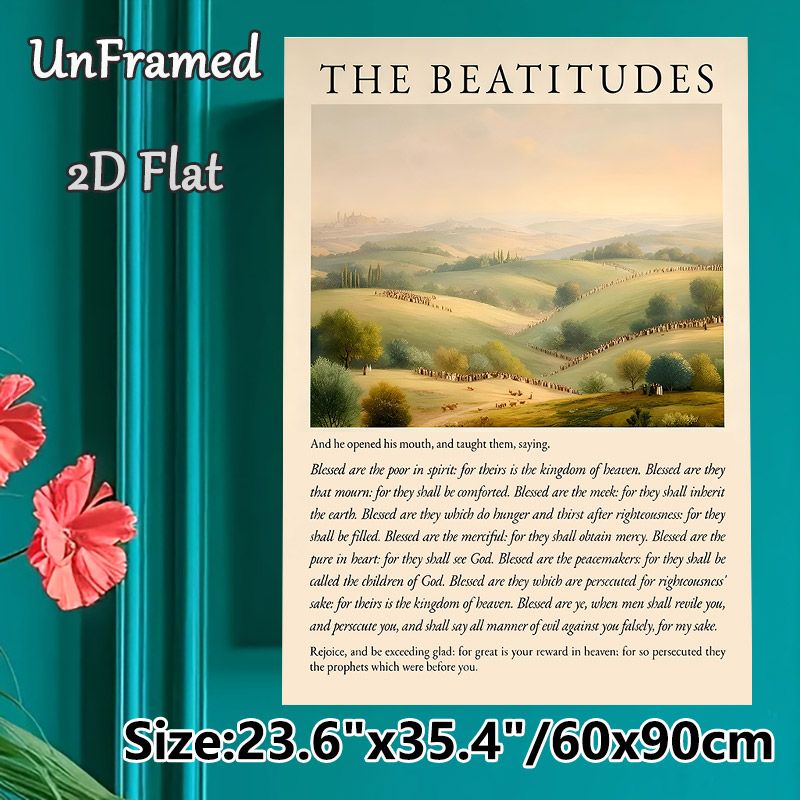 The Beatitudes Painting Poster, Warm-toned Pastoral Landscape With Sacred Scripture Poster, Inspirational Religious Decor Suitable For Home, Church_maomaolike.com