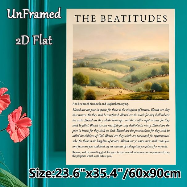 The Beatitudes Painting Poster, Warm-toned Pastoral Landscape With Sacred Scripture Poster, Inspirational Religious Decor Suitable For Home, Church_maomaolike.com
