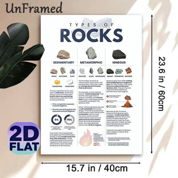 Types Of Rocks Educational Painting Poster, Clear Illustrated Infographic Style Poster, Informative Geological Learning Reference For Classroom, Home_maomaolike.com