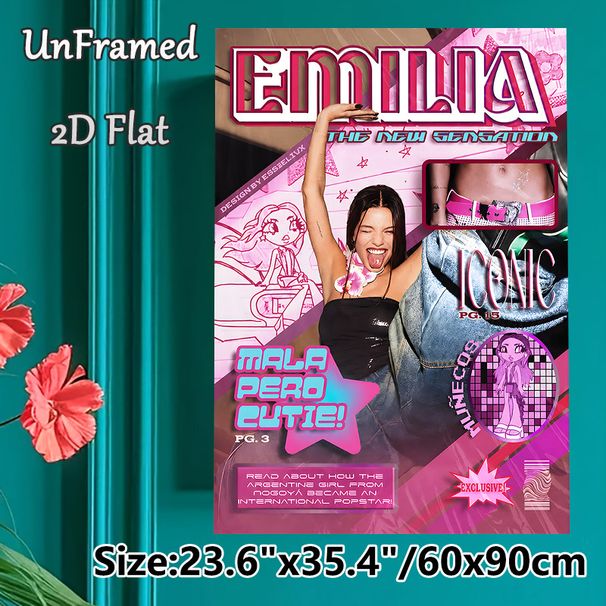 Pop Star Emilia Painting Poster, Vibrant Pink Y2K Retro Magazine-style Poster, Eye-catching Pop Culture Collage Design Ideal For Bedroom, Music Studio_maomaolike.com
