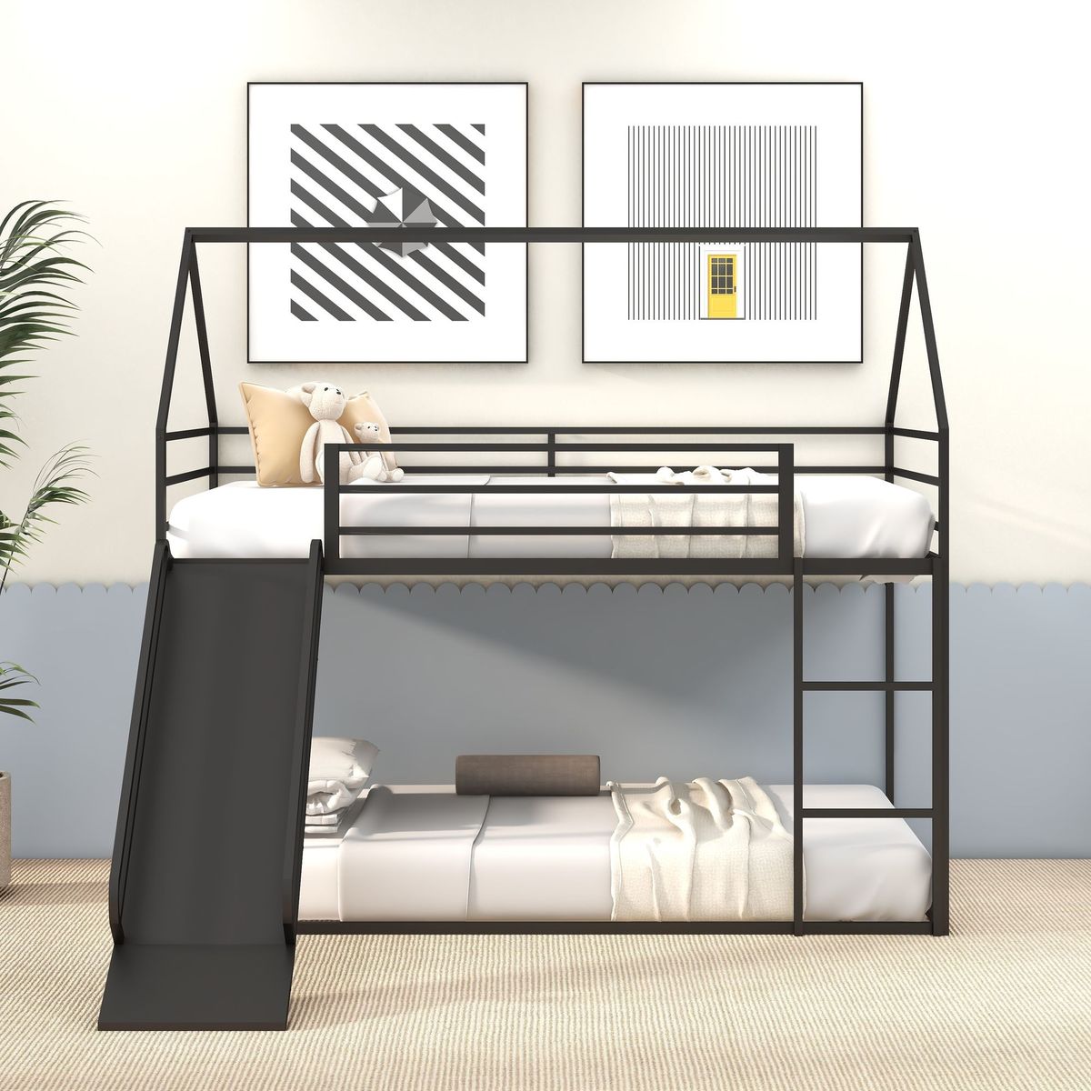 Twin Over Twin House Bed With Ladder And Slider, House Bed, Bunk Bed_maomaolike.com