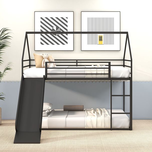 Twin Over Twin House Bed With Ladder And Slider, House Bed, Bunk Bed_maomaolike.com