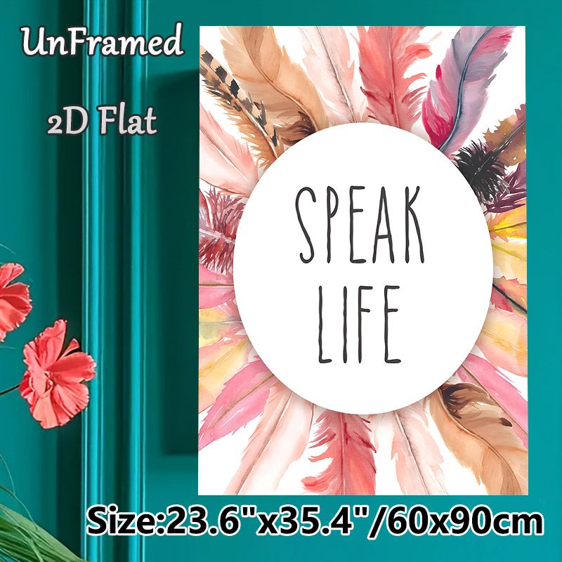 "Speak Life" Feather Themed Painting Poster, Watercolor Soft-hued Feather Framed Inspirational Text Poster, Uplifting Message Decor Ideal For Home_maomaolike.com