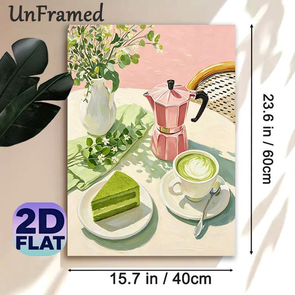 Matcha Afternoon Tea Painting Poster, Warm-toned Oil-style Still Life Poster, Soft Cozy Atmosphere Ideal For Cafe, Kitchen And Dining Area_maomaolike.com