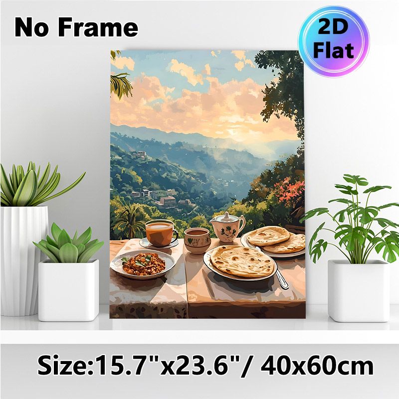 Mountain View Breakfast Painting Poster, Warm-toned Scenic Dining Scene Poster, Tranquil Cozy Vibe Ideal For Kitchen, Dining Room_maomaolike.com