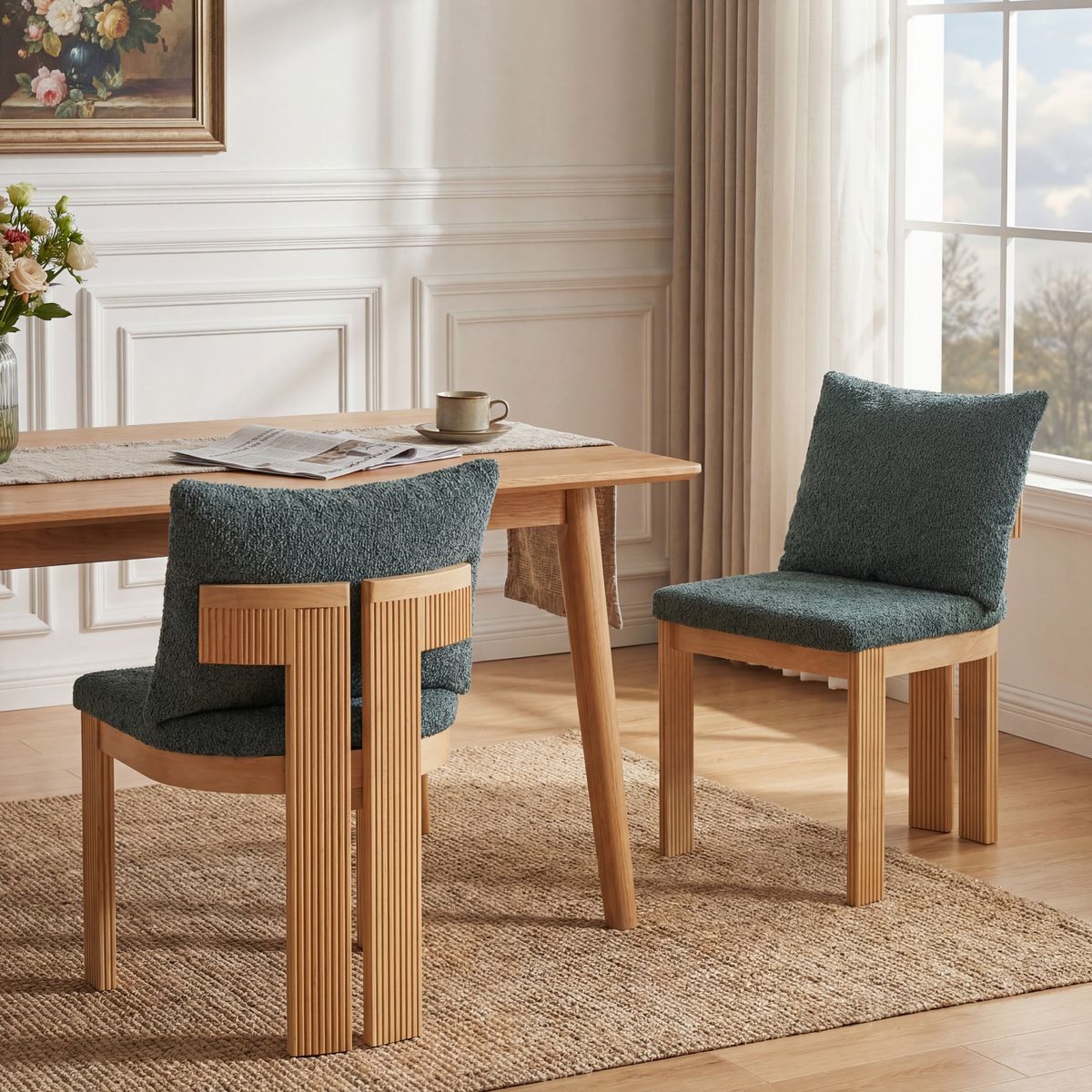 Indoor Boucle Dining Chair Set Of 2, Rubber Wood Frame, Plush Green Boucle Seating, 250lbs Weight Capacity For Kitchen & Dining Room_maomaolike.com