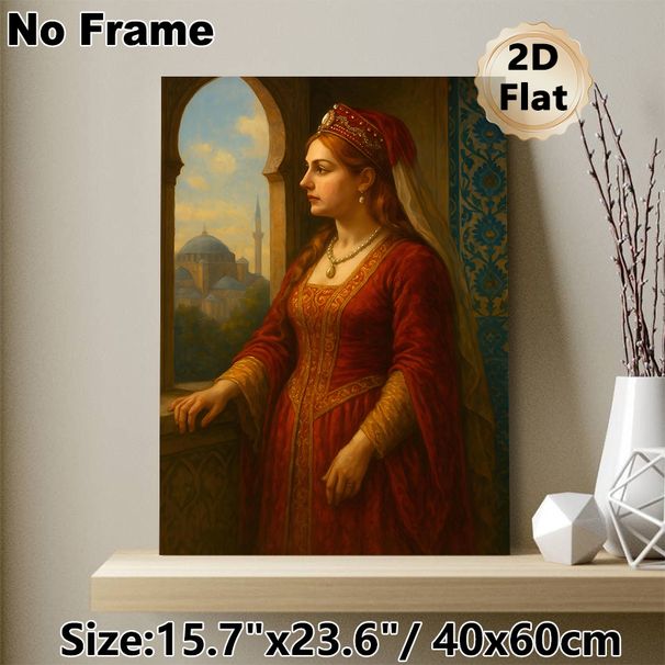 Vintage Noble Lady Painting Poster, Exquisite Classic Oil Style Poster, Elegant Lady In Ornate Red Gown With Domed Building View, Refined Wall Decor_maomaolike.com