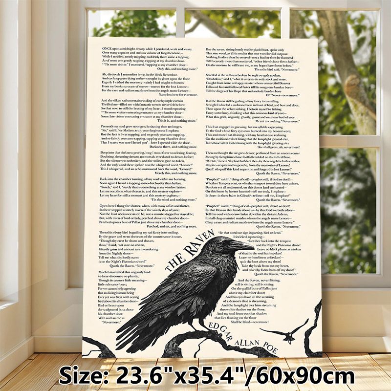 The Raven By Edgar Allan Poe Painting Poster, Vintage Monochrome Raven & Full Poem Text Poster, Classic Gothic Literary Decor For Home Study, Living_maomaolike.com