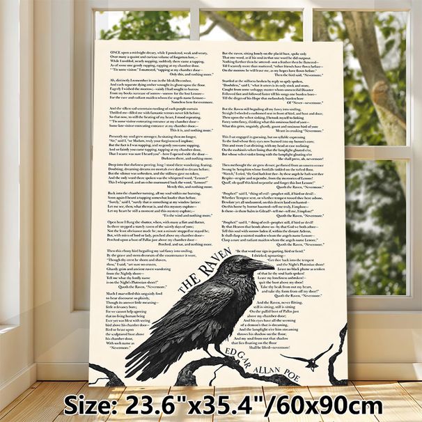 The Raven By Edgar Allan Poe Painting Poster, Vintage Monochrome Raven & Full Poem Text Poster, Classic Gothic Literary Decor For Home Study, Living_maomaolike.com