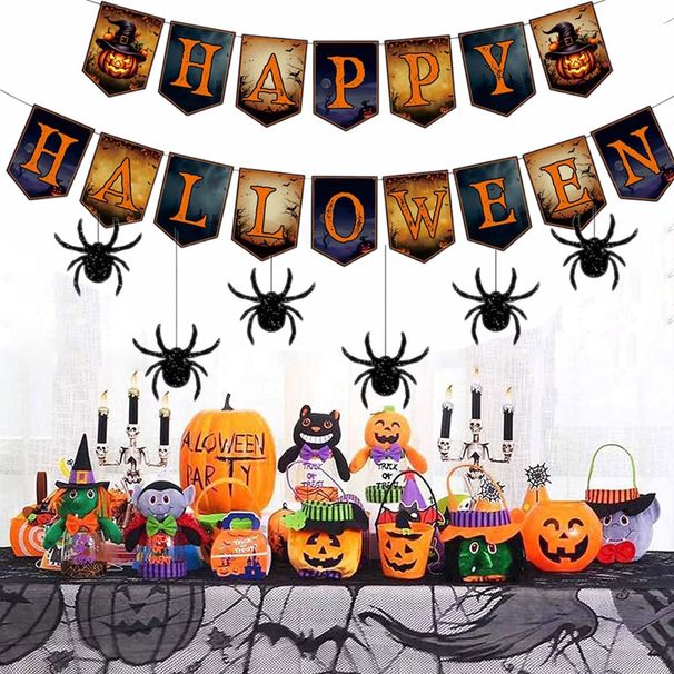 Happy Halloween Banner And Hanging Spider Garland Trick Or Treat Banner Sign Happy Halloween Paper Banner For Halloween Party Decorations_maomaolike.com