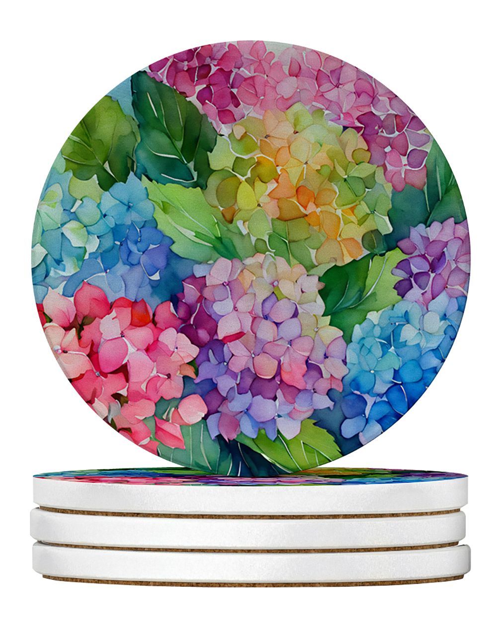 Hydrangeas In Watercolor Large Sandstone Coasters Pack Of 4 Absorbent Round Coasters Decor Gifts For Men Or Women, 4 In, Multicolor_maomaolike.com